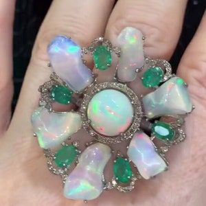 Ethiopian Opal Gemstone Ring 925 Sterling Silver Ring Handmade Ring Natural Emerald Ring Pave Diamond Ring Floral Ring Cocktail Ring Gift