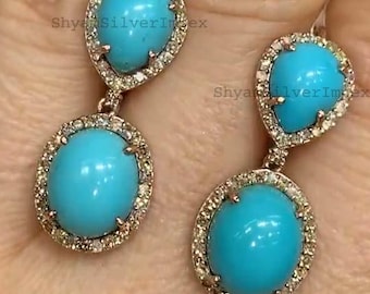 Natural Turquoise Dangle Earrings, Pave Diamond, Sterling Silver, Handmade