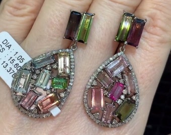 Multi Tourmaline Diamond Earrings, 925 Sterling Silver, Victorian Jewelry