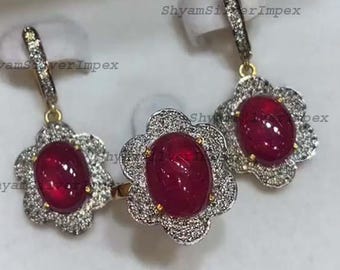 Natural Ruby Jewelry Set, Pave Diamond, Sterling Silver Ring Earrings