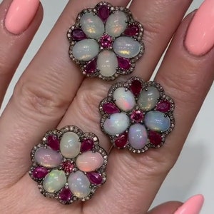 Pendientes y anillo de rubí, ópalo y turmalina naturales con diamantes pavé, plata de ley 925, joyería hecha a mano.