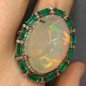 Natural Ethiopian Opal & Emerald Ring, Handcrafted Pave Diamond Engagement Ring, 925 Silver Wedding Anniversary Ring, Birthday Gift For  Her