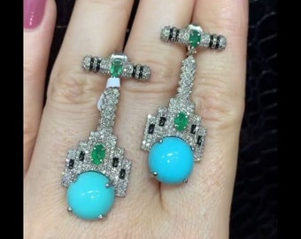 Natural Emerald & Turquoise Dangle Earrings with Pavé Diamonds 925 Sterling Silver Elegant Fine Jewelry
