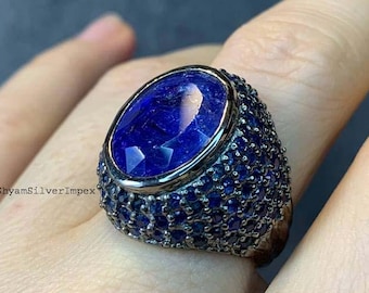 Handmade Art Deco Sterling Silver Tanzanite & Sapphire Ring