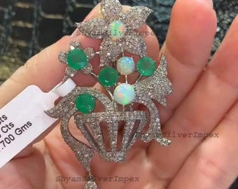 Natural Emerald & Opal Flower Brooch Pin, Pavé Diamonds Pendant, 925 Sterling Silver Gift