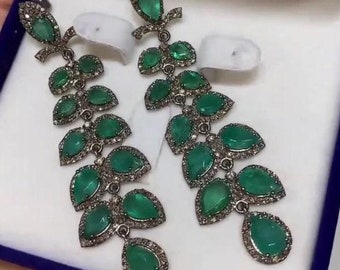 Art Deco smaragdörhängen, paved diamanter, 925 sterlingsilver