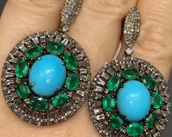 Turquoise Emerald Sterling Silver Dangle Earrings, Pave Diamond, Art Deco