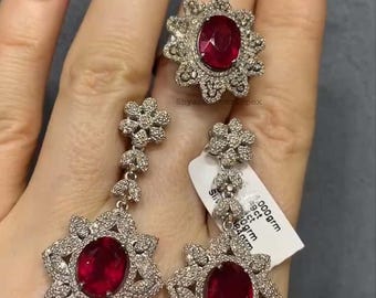 Gioielli con rubini naturali e diamanti, anello e orecchini Art Déco in argento sterling 925.