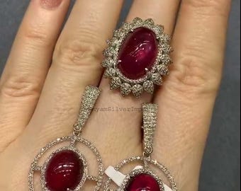 Natural Ruby Jewelry Set, Pave Diamond, Art Deco Sterling Silver