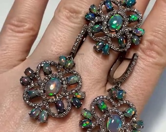 Natural Ethiopian Opal Jewelry Set, Pave Diamond, 925 Sterling Silver, Victorian Style