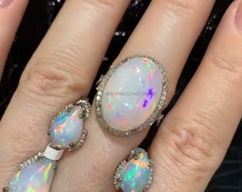 Natural Opal Jewelry Set, Pave Diamond, Sterling Silver, Victorian Style