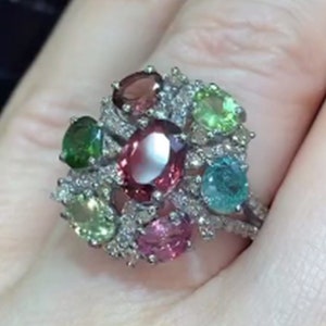 Multi Tourmaline Cocktail Ring with Pavé Diamonds - Handcrafted in 925 Sterling Silver, Elegant Jewelry, Perfect for Birthday & Mother&#39;s Day