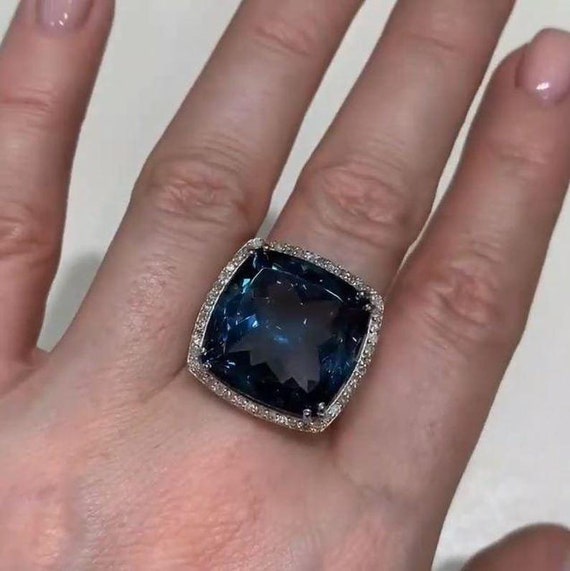 Anello Fatto A Mano In Argento 925 Con Topazio Blu Londra Ovale Naturale - Gioiello Donna