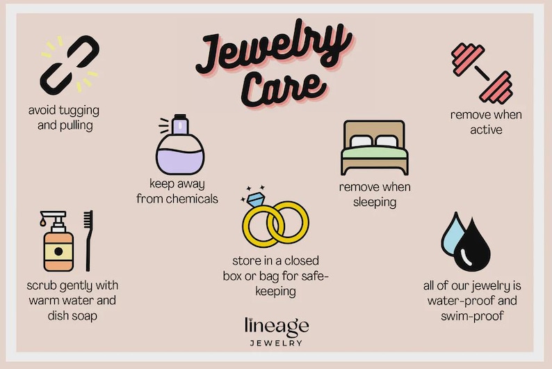 May include: An illustrated guide to jewelry care, featuring icons and text. The image includes instructions to avoid pulling, keep away from chemicals, remove when sleeping and active, and store in a closed box. The text says "Jewelry Care" and "lineage JEWELRY".