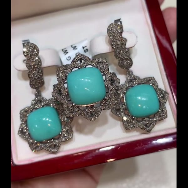 Exquisite Turquoise Ring & Earrings Set with Pavé Diamonds, Handmade 925 Sterling Silver Fine Jewelry | Ideal for Wedding, Perfect Love Gift