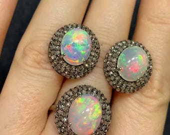 Natural Opal Diamond Jewelry Set, Victorian 925 Sterling Silver