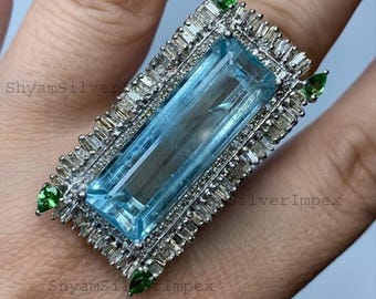 Natuurlijke edelsteenring aquamarijn en tsavoriet, effen diamant, 925 sterlingzilveren ring