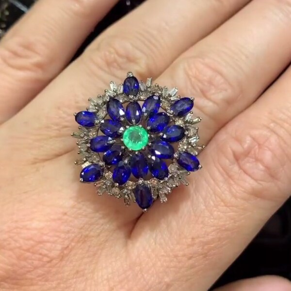 Natural Blue Sapphire & Emerald Gemstone Ring - Handcrafted in 925 Sterling Silver with Pave Diamonds. A Stunning Birthday Gift For Her