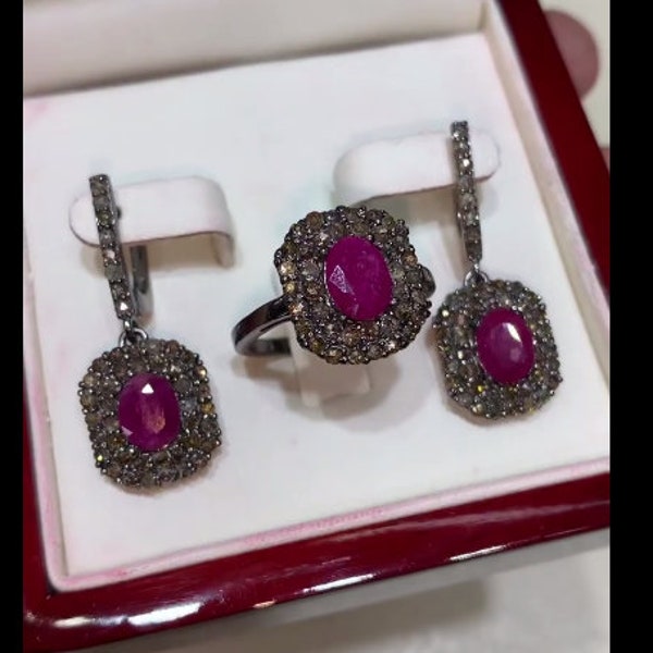 Luxurious Handmade Ruby Gemstone Ring & Earrings Set in 925 Sterling Silver, Adorned with Sparkling Pave Diamonds - Ideal Anniversary Gift