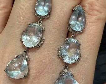 Aquamarine Diamond Dangle Earrings, Sterling Silver Art Deco Style