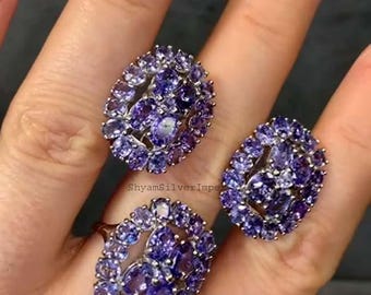 Art Deco Tanzanite Ring Earring Set, 925 Sterling Silver Jewelry