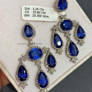 Pendientes de araña de cianita natural de diseñador, plata de ley 925, con pavé de diamantes, joyería de boda, regalo de aniversario, joyería fina hecha a mano.