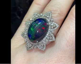 Exquisite Handcrafted 925 Sterling Silver Fire Opal Ring with Pave Diamonds - Ideal for Everyday Wear, Romantic Love Gift, Special Gift