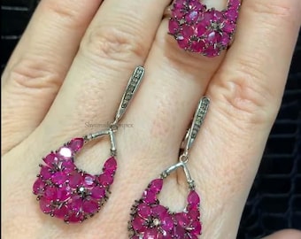 Set di orecchini con anello e diamanti naturali in rubino, gioielli in argento sterling 925 Art Déco