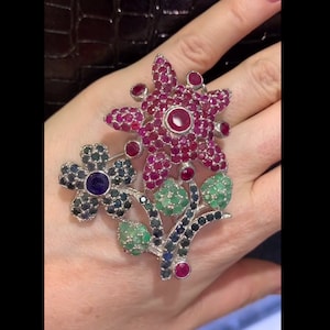 Exquisite Handmade Emerald, Ruby & Sapphire Gemstone Brooch with Pave Diamonds in Sterling Silver. Perfect for Valentine&#39;s or Birthday Gift