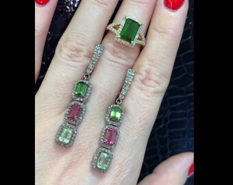 Multi-Tourmaline Gemstone Earrings & Green Tourmaline Ring, Handcrafted in 925 Sterling Silver with Pave Diamonds, Perfect Love Gift for Her