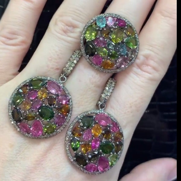 Exquisite Multi-Tourmaline Gemstone Ring & Pavé Diamond Earrings Set - Handcrafted in 925 Sterling Silver, Ideal Romantic Gift for Her