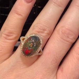 Handmade Fire Opal Ring, Carved Natural Gemstone, Pave Diamond, 925 Sterling Silver - Fine Jewelry Gift for Her, Love Gift, New Year Special