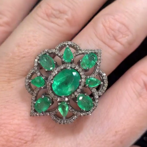 Exquisite Emerald Gemstone Cocktail Ring with Pavé Diamonds - Handcrafted 925 Sterling Silver - Perfect Birthday or Special Occasion Gift