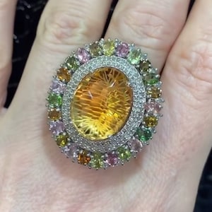 Citrine & Tourmaline Dome Ring with Pavé Diamonds - Handcrafted 925 Sterling Silver, Perfect Exquisite Birthday Gift, Timeless Fine Jewelry
