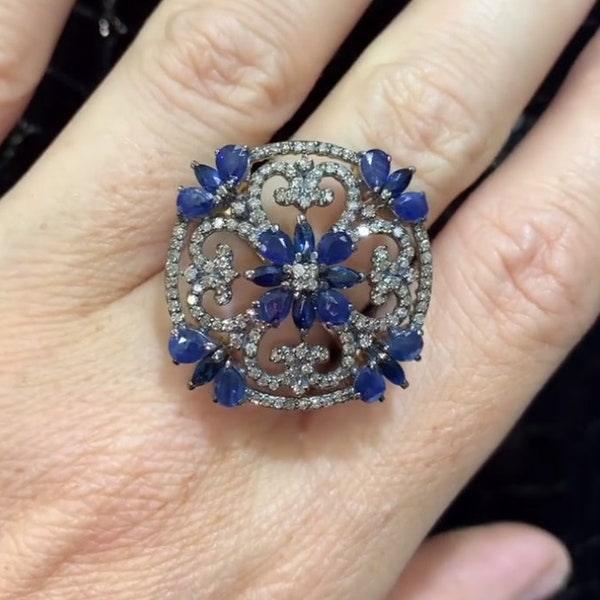 Blue Sapphire Gemstone Ring, Handcrafted with Pavé Diamonds in 925 Sterling Silver - An Exquisite Cocktail Ring for Mother's Day and Beyond