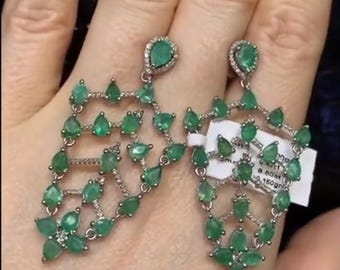 Örhängen med naturlig smaragd och pavé-diamant i 925 sterlingsilver, lyxig present till henne