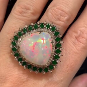 Stunning Ethiopian Opal Gemstone Ring, 925 Sterling Silver with Pavé Diamonds, Luxury Handcrafted Design, Ideal for Birthday or Wedding Gift