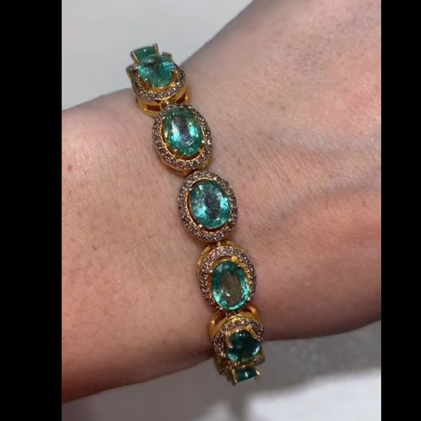 Exquisite Transparent Emerald Bracelet with Pavé Diamonds - Handcrafted in 925 Sterling Silver, Fine Jewelry, Perfect Romantic Love Gift