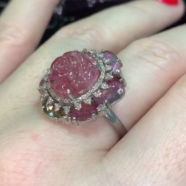 Multi Tourmaline Carved Gemstone Ring with Pavé Diamonds - 925 Sterling Silver, Handcrafted - Perfect for Birthdays & Special Occasions