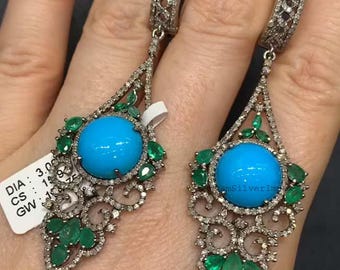 Natural Turquoise & Emerald Dangle Earrings with Pavé Diamonds 925 Sterling Silver Party Jewelry