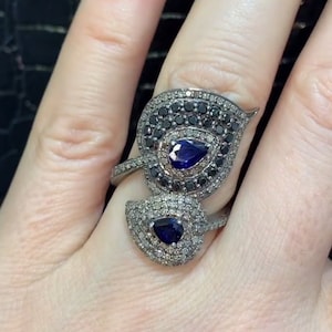 Blue Sapphire Ring with Pave Diamonds - Elegant Handcrafted 925 Sterling Silver Cocktail Ring - Perfect for Mother&#39;s Day & Special Occasions