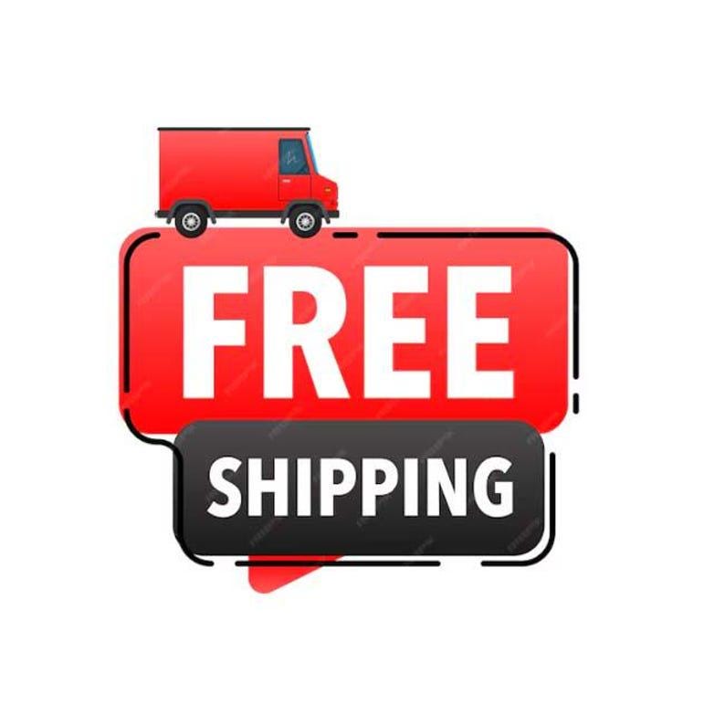 May include: A red delivery truck illustration atop a red speech bubble with the word "FREE" in white. Below, a black speech bubble reads "SHIPPING" in white. The image is on a white background.