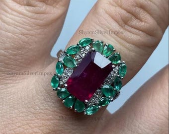 Natural Ruby & Emerald Gemstone Engagement Ring, 925 Sterling Silver, Pave Diamond Birthstone Jewelry