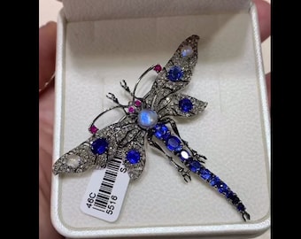 Dragonfly broche met kyaniet, regenboogmaansteen en robijnedelsteen - handgemaakt 925 sterling zilver met pavé-diamanten, uniek brochecadeau