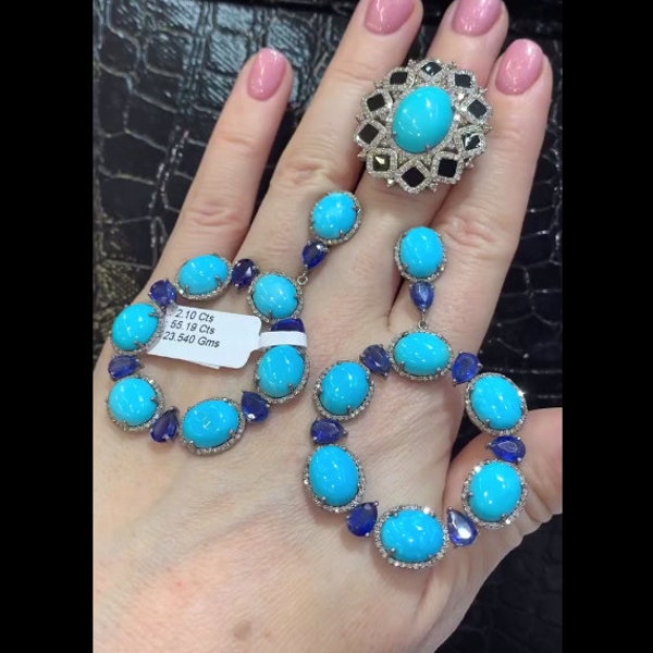 Elegant Turquoise & Kyanite Jewelry Set with Pavé Diamonds, Handcrafted in 925 Sterling Silver, Ideal for Wedding, Fine Jewelry Enthusiasts