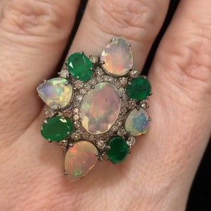 Stunning Opal & Emerald Gemstone Ring: Crafted in 925 Sterling Silver, Adorned with Pave Diamonds, A Timeless Symbol of Love and Elegance