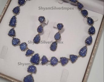 Natural Tanzanite Gemstone Jewelry, Pave Diamond Necklace Earring, 925 Sterling Silver Jewelry