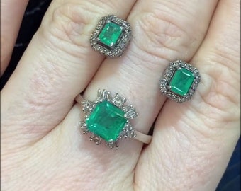 Exquisite Emerald Gemstone Handmade Ring & Pave Diamond Earrings: Fine 925 Sterling Silver Jewelry for Special Anniversary Celebration