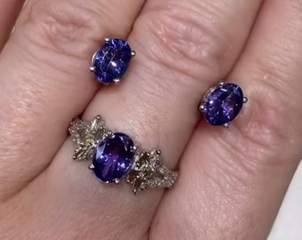 Natural Tanzanite Diamond  Ring & Tanzanite Earrings Set - 925 Sterling Silver Victorian Jewelry