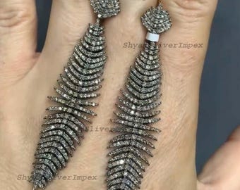 Natural Pave Diamond Earrings, Art Deco 925 Sterling Silver